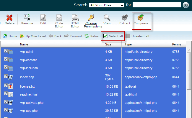 גיבוי קבצים Cpanel